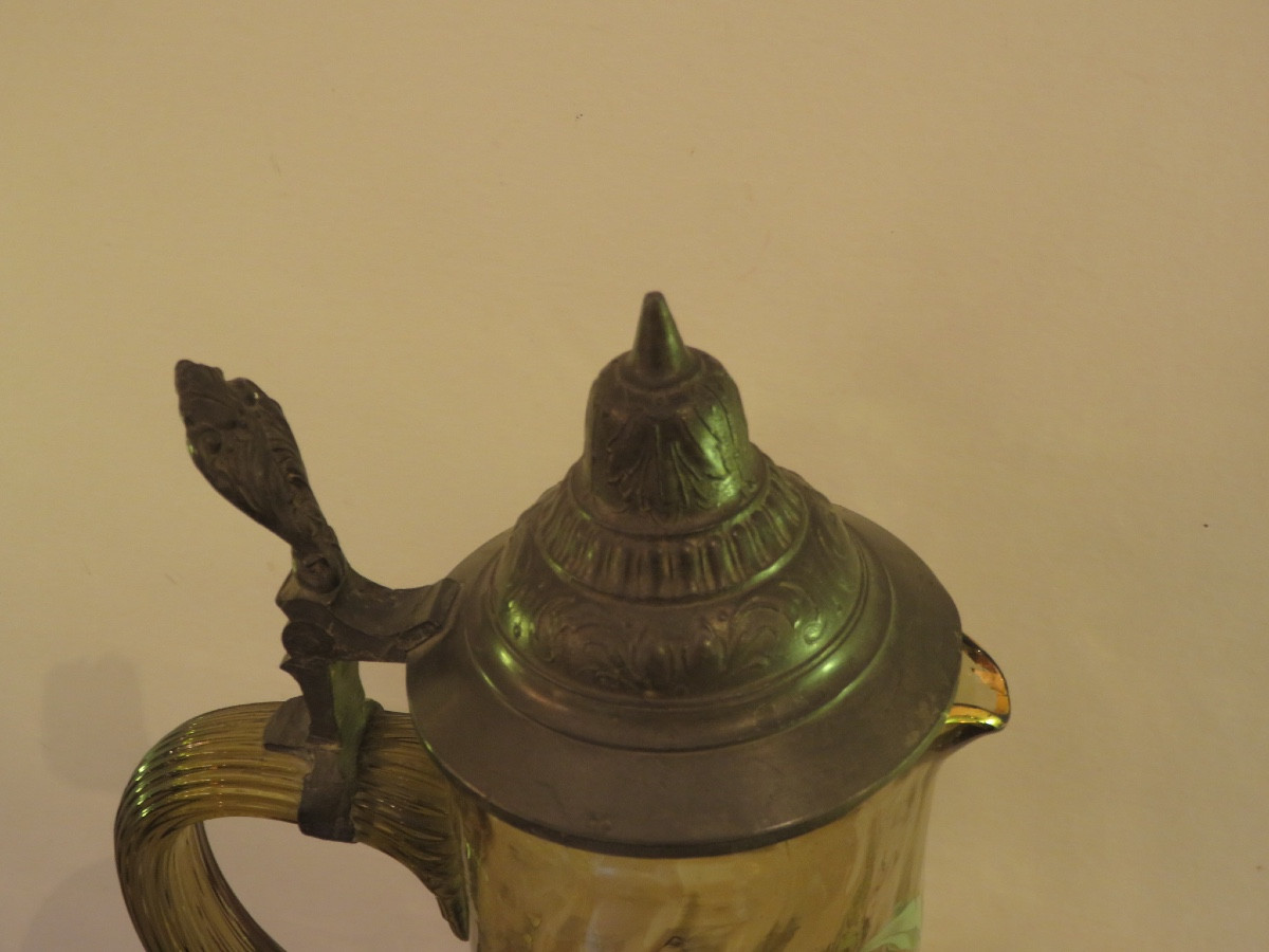 Aiguière en verre soufflé ,décor émaillé d'edelweiss et myosotis couvercle en étain début XXème-photo-1