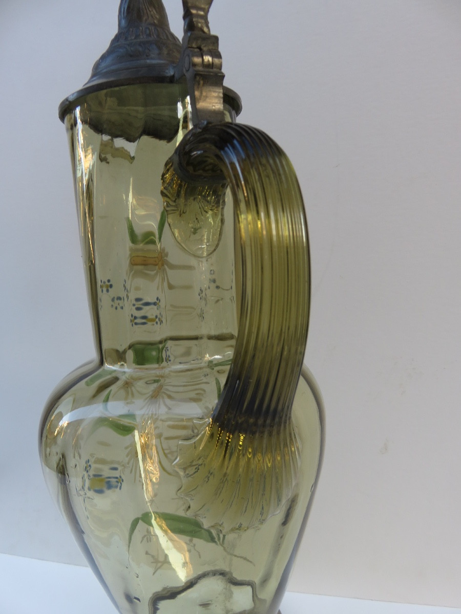 Aiguière en verre soufflé ,décor émaillé d'edelweiss et myosotis couvercle en étain début XXème-photo-2