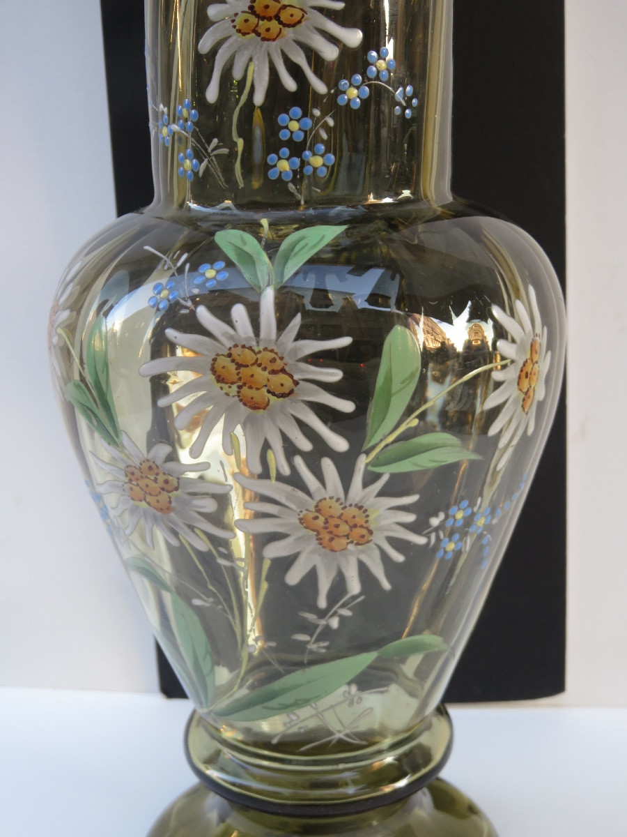 Aiguière en verre soufflé ,décor émaillé d'edelweiss et myosotis couvercle en étain début XXème-photo-5