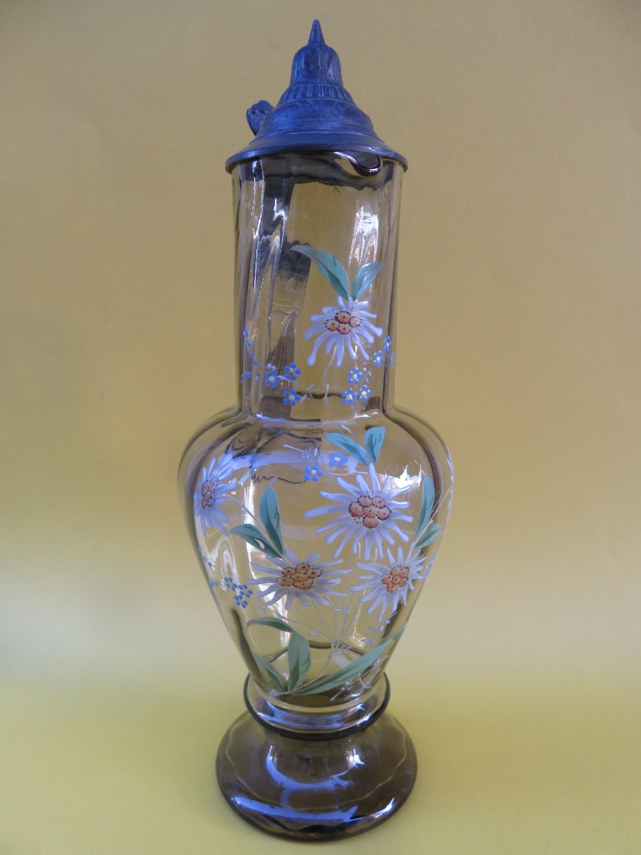 Aiguière en verre soufflé ,décor émaillé d'edelweiss et myosotis couvercle en étain début XXème-photo-7