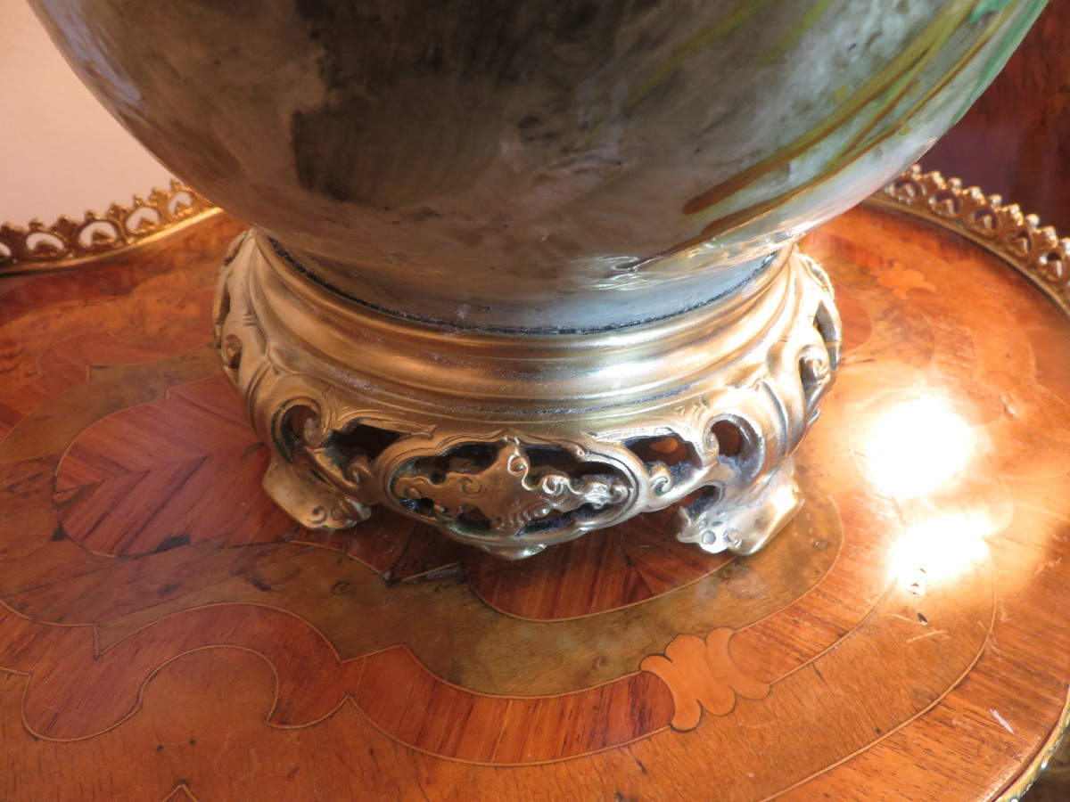 Lampe en céramique de Montigny sur Loing , monture en bronze ciselée  XIX ème -photo-4