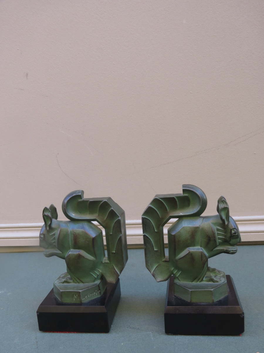 Paire de serre livres signée de Max Le Verrier ( 1891- 1973 ) les écureuils , de style Art Déco-photo-4