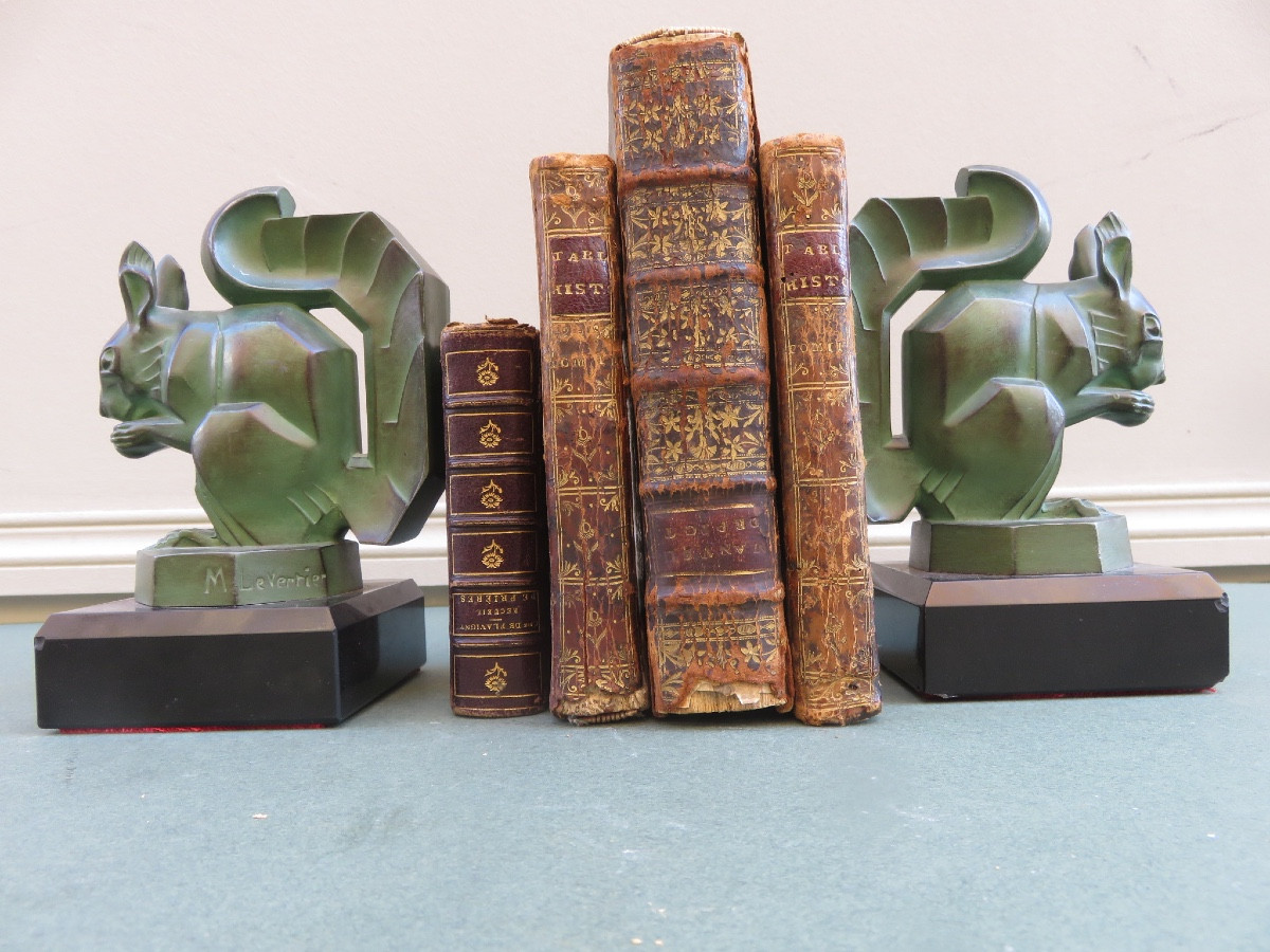 Paire de serre livres signée de Max Le Verrier ( 1891- 1973 ) les écureuils , de style Art Déco-photo-1
