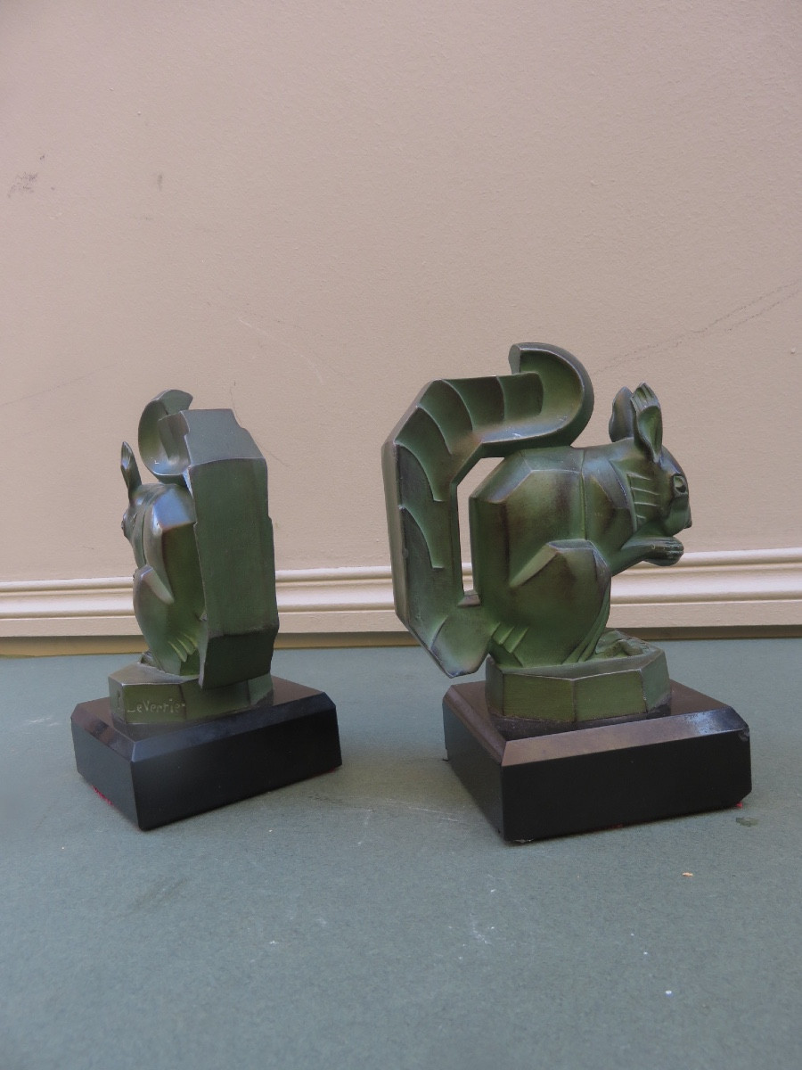 Paire de serre livres signée de Max Le Verrier ( 1891- 1973 ) les écureuils , de style Art Déco-photo-4