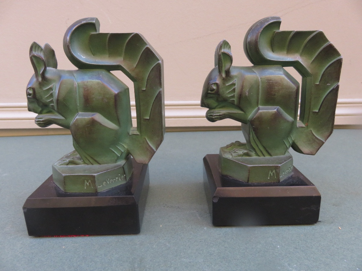 Paire de serre livres signée de Max Le Verrier ( 1891- 1973 ) les écureuils , de style Art Déco-photo-5