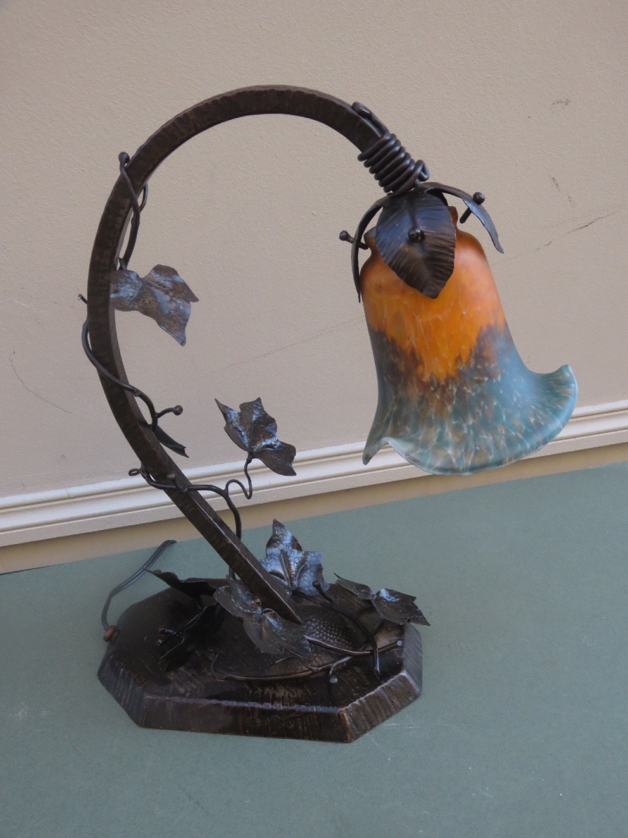 Art Nouveau Wrought Iron Lamp With A Glass Paste Tulip Shade, 20th Century -photo-2