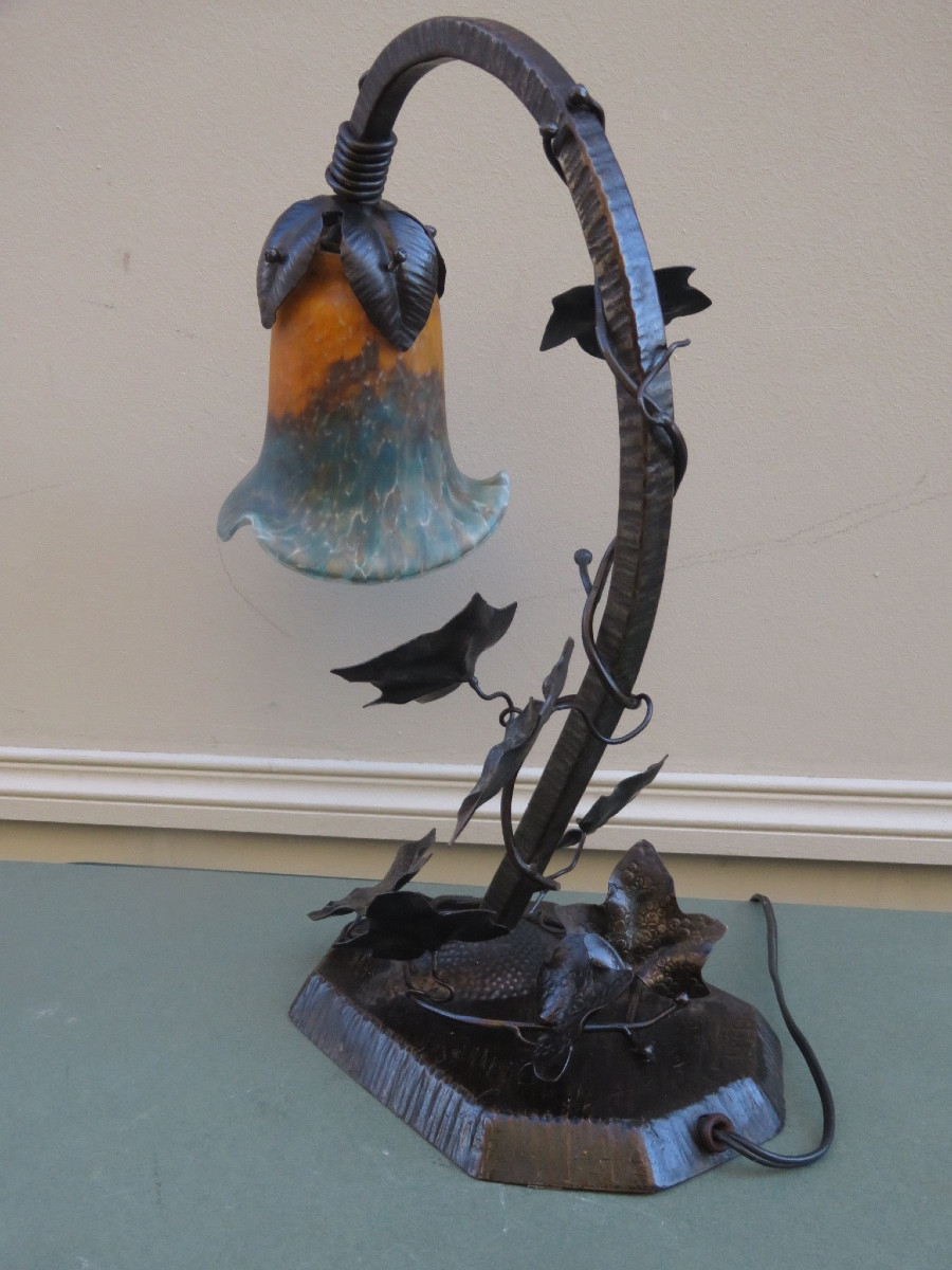 Art Nouveau Wrought Iron Lamp With A Glass Paste Tulip Shade, 20th Century -photo-3