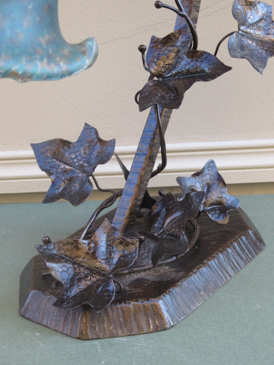 Art Nouveau Wrought Iron Lamp With A Glass Paste Tulip Shade, 20th Century -photo-1