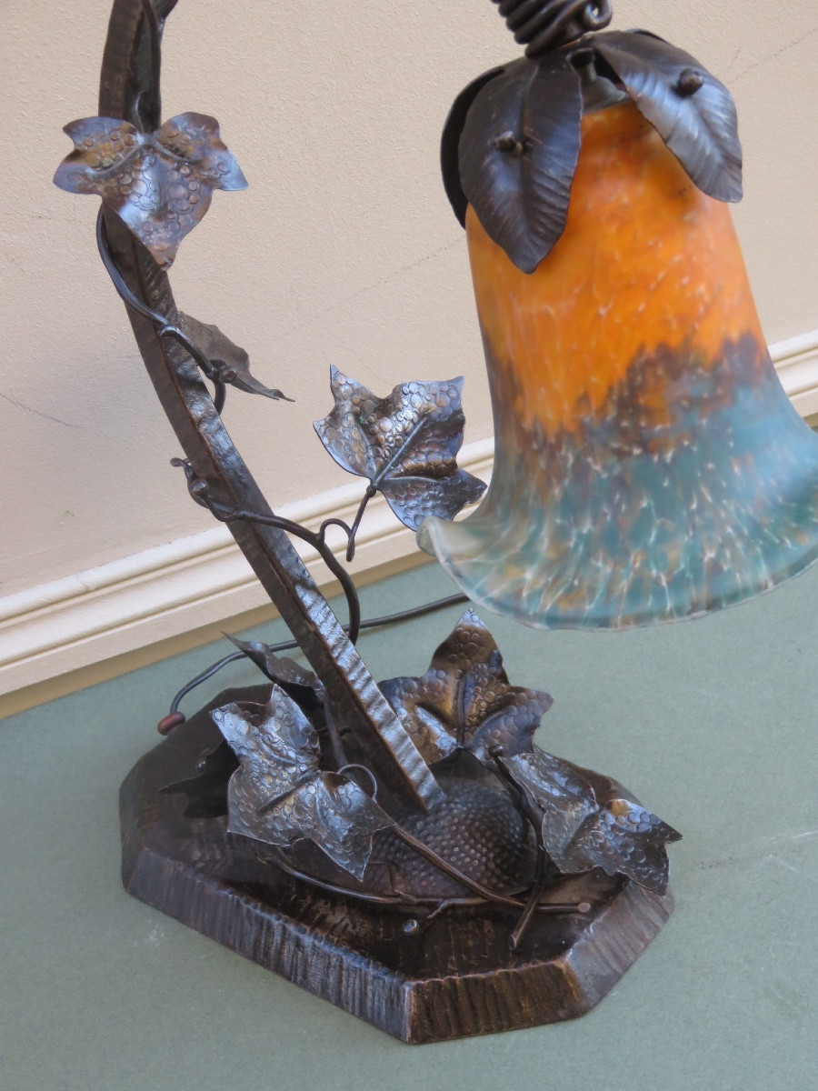 Art Nouveau Wrought Iron Lamp With A Glass Paste Tulip Shade, 20th Century -photo-2