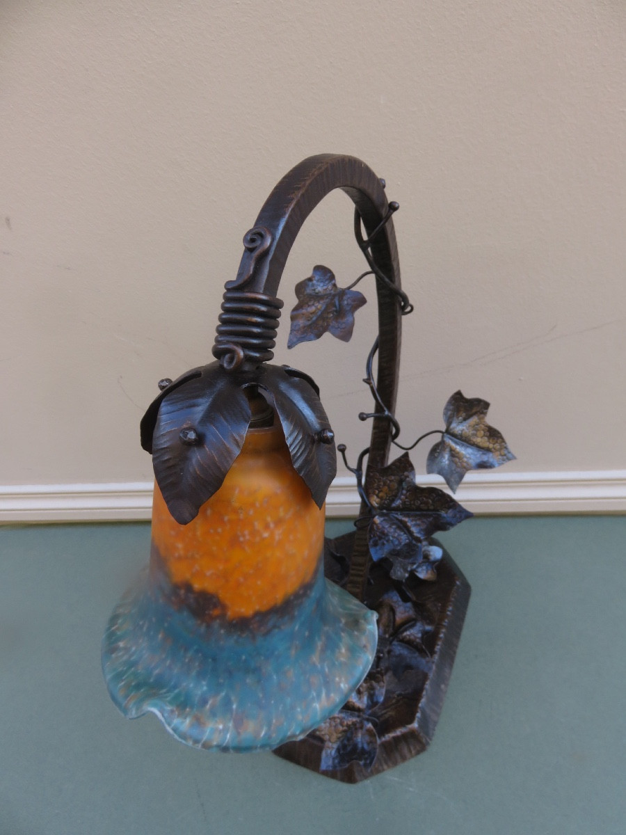 Art Nouveau Wrought Iron Lamp With A Glass Paste Tulip Shade, 20th Century -photo-3