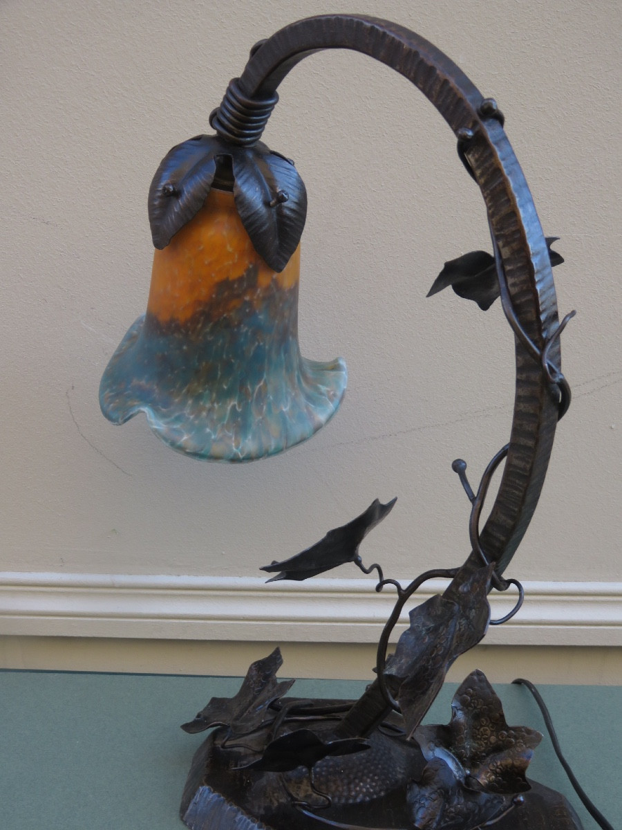Art Nouveau Wrought Iron Lamp With A Glass Paste Tulip Shade, 20th Century -photo-4