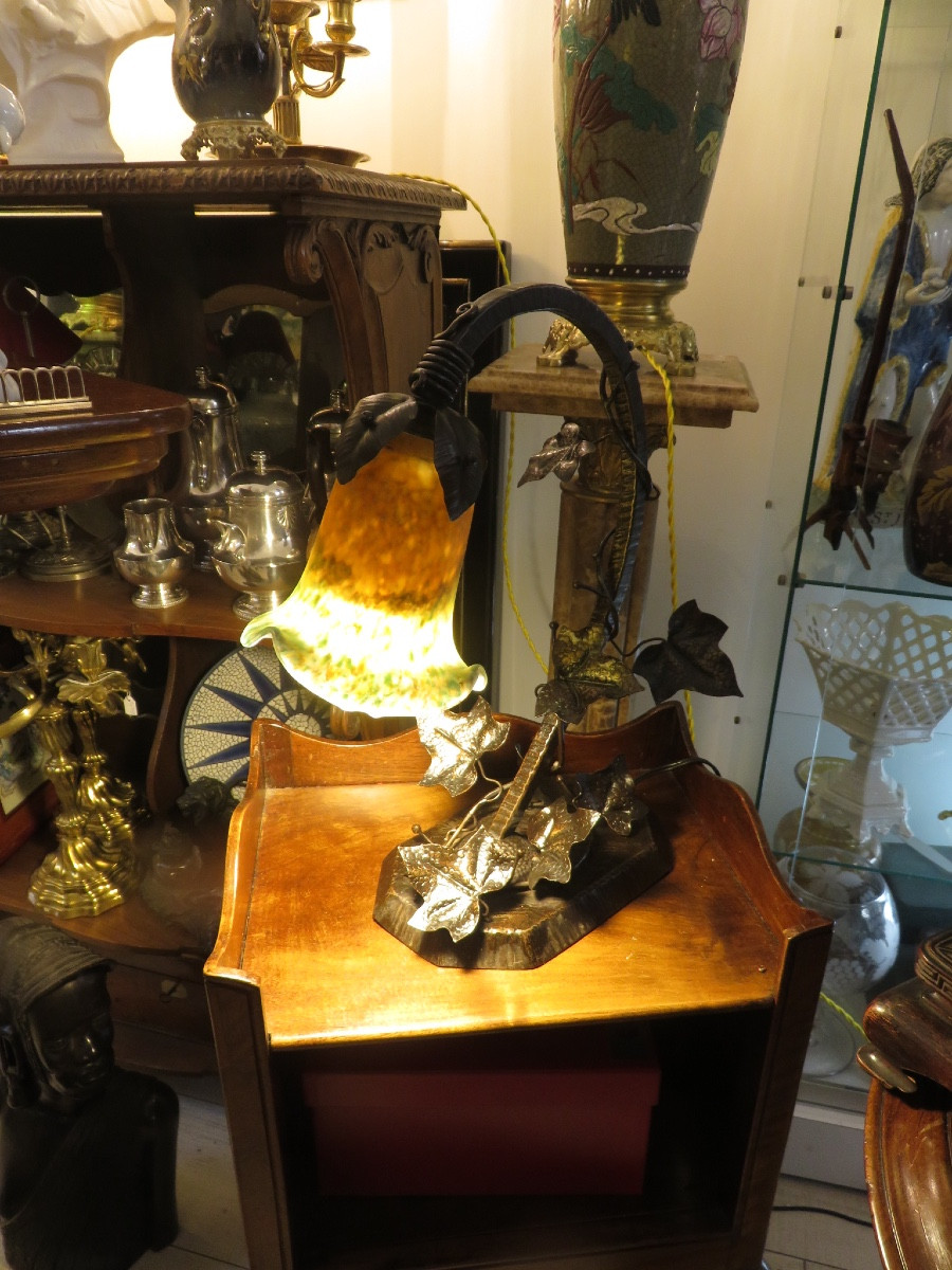 Art Nouveau Wrought Iron Lamp With A Glass Paste Tulip Shade, 20th Century -photo-6