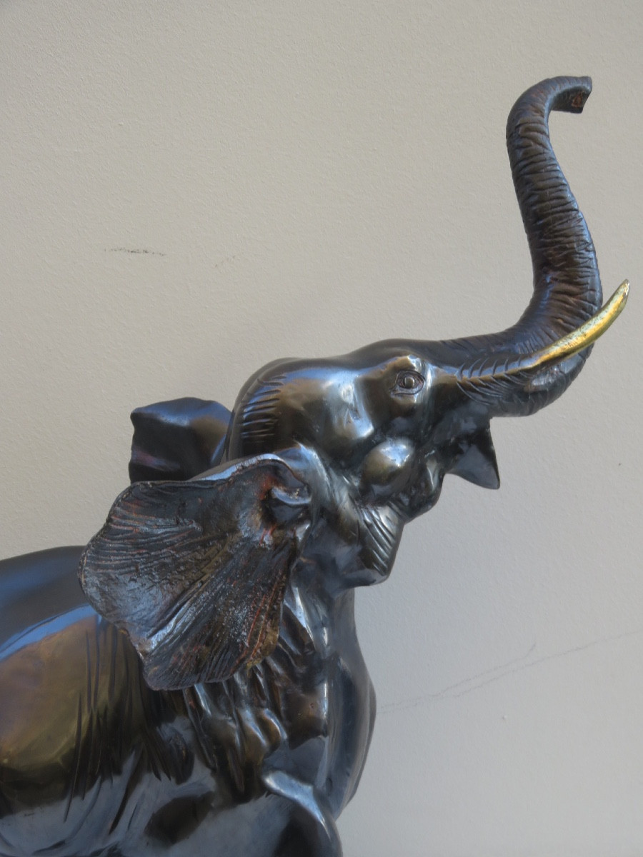 Bronze Animal Sculpture: Asian Elephant, Trunk Raised, 20th Century-photo-2