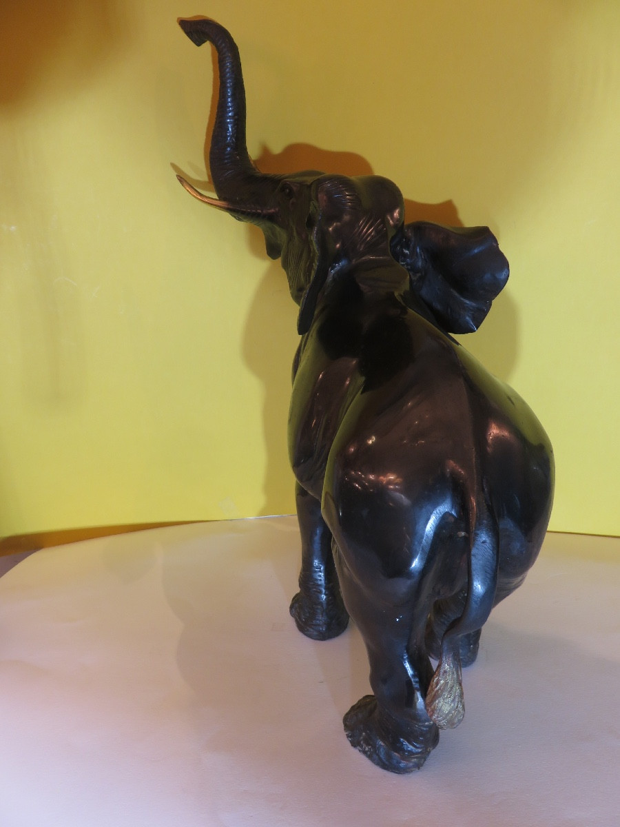 Bronze Animal Sculpture: Asian Elephant, Trunk Raised, 20th Century-photo-4