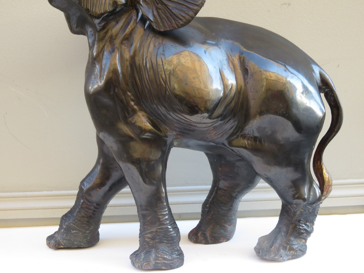 Bronze Animal Sculpture: Asian Elephant, Trunk Raised, 20th Century-photo-1