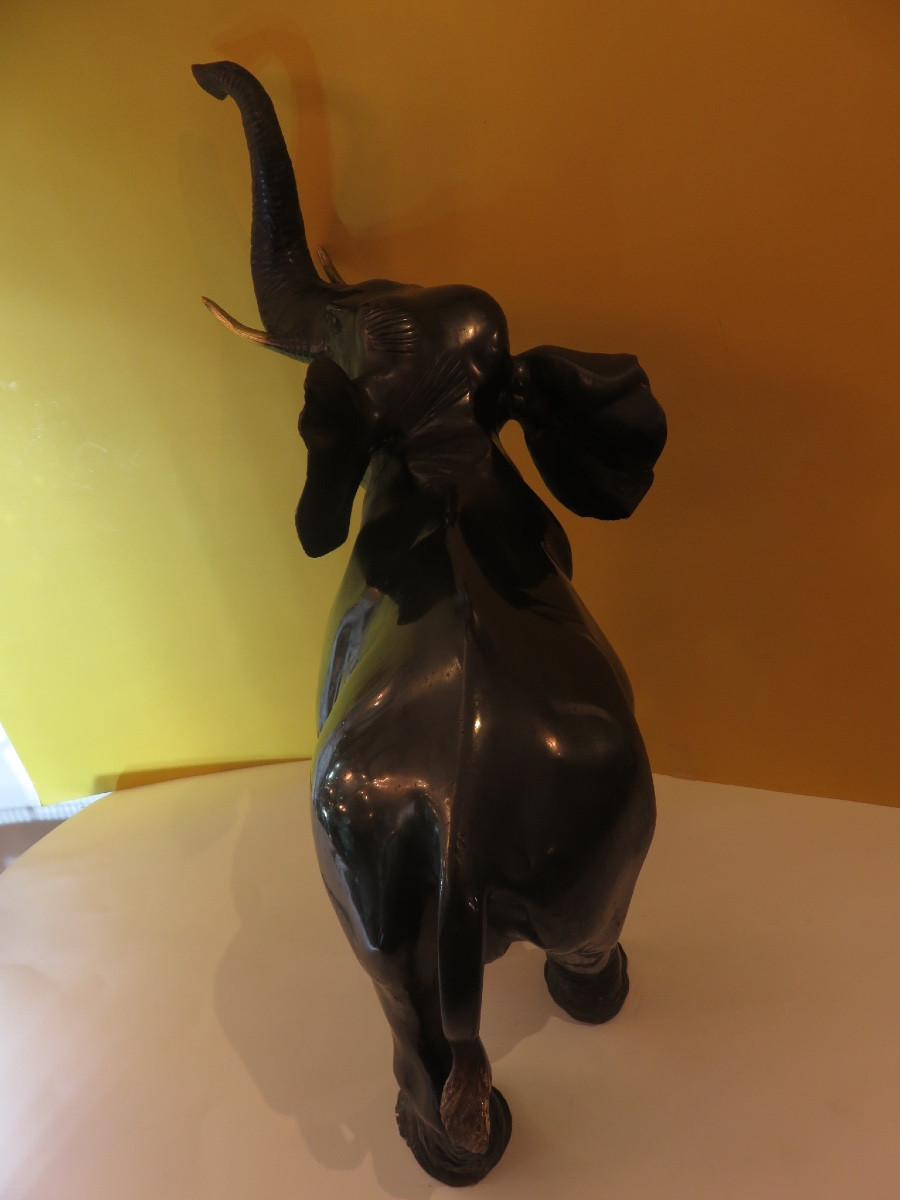 Bronze Animal Sculpture: Asian Elephant, Trunk Raised, 20th Century-photo-3