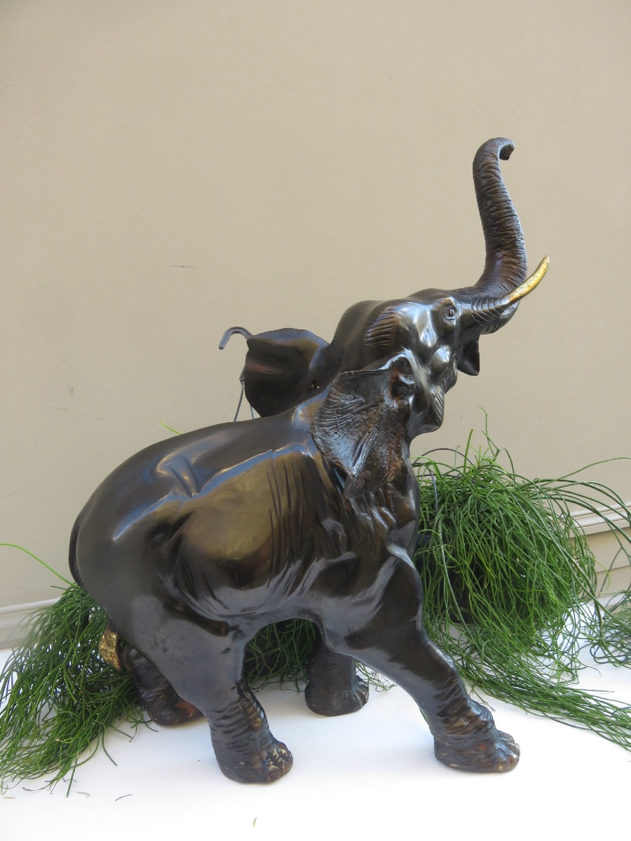 Bronze Animal Sculpture: Asian Elephant, Trunk Raised, 20th Century-photo-5