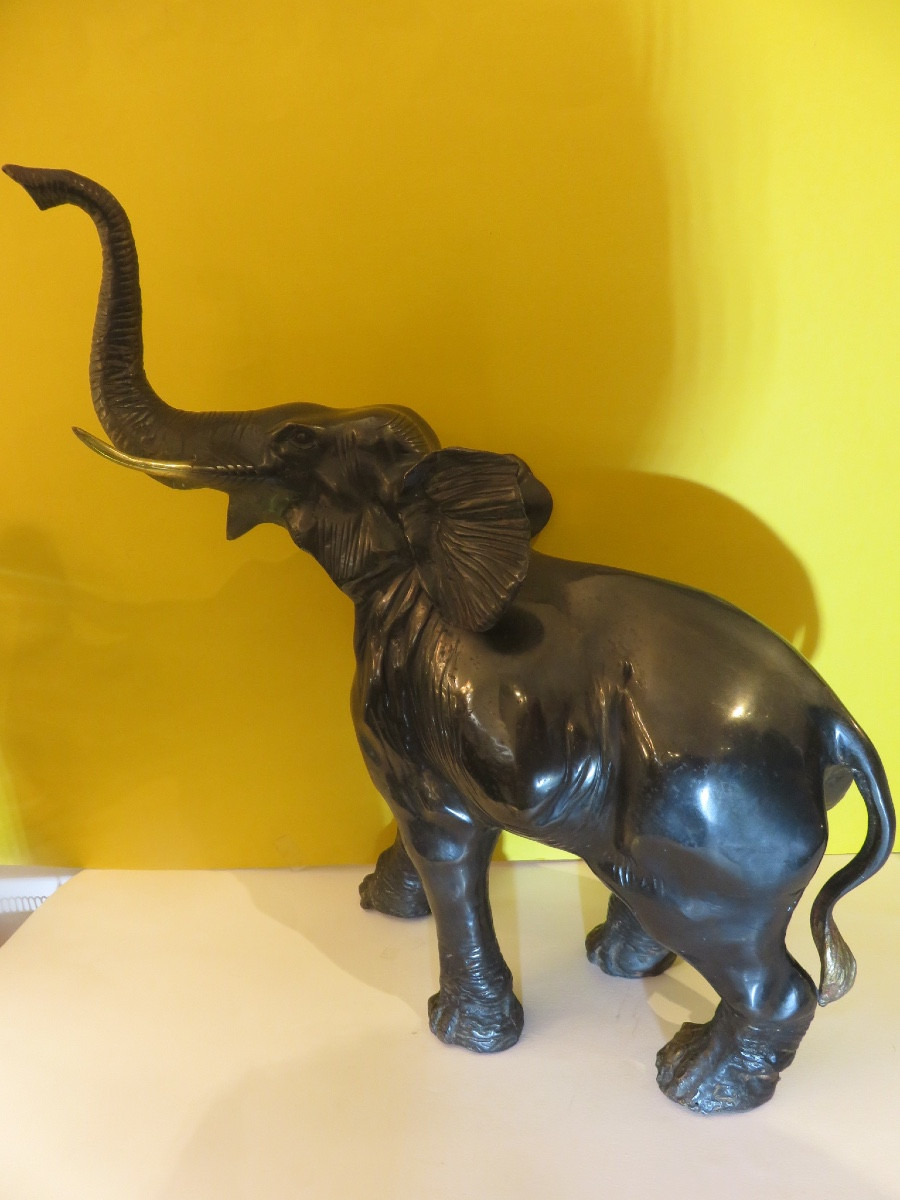 Bronze Animal Sculpture: Asian Elephant, Trunk Raised, 20th Century-photo-7