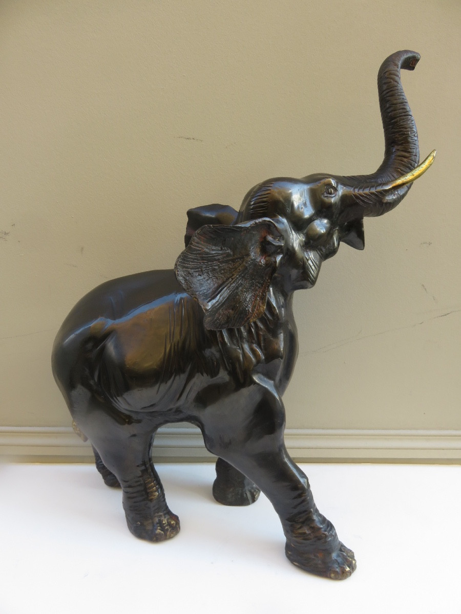 Bronze Animal Sculpture: Asian Elephant, Trunk Raised, 20th Century