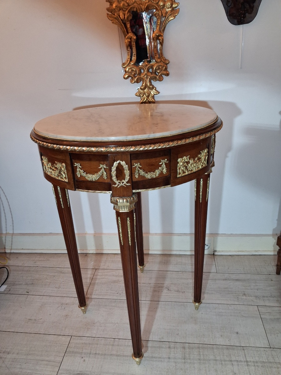 Pedestal Table In Mahogany ,white Marble Top ,and Chased Bronze Mounts Louis XVI Style ,end XIX-photo-2