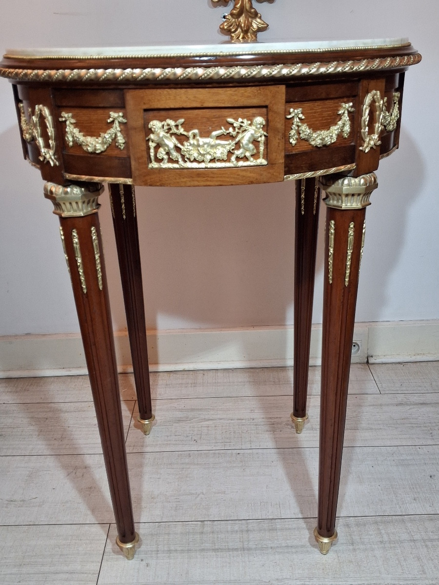Pedestal Table In Mahogany ,white Marble Top ,and Chased Bronze Mounts Louis XVI Style ,end XIX-photo-2