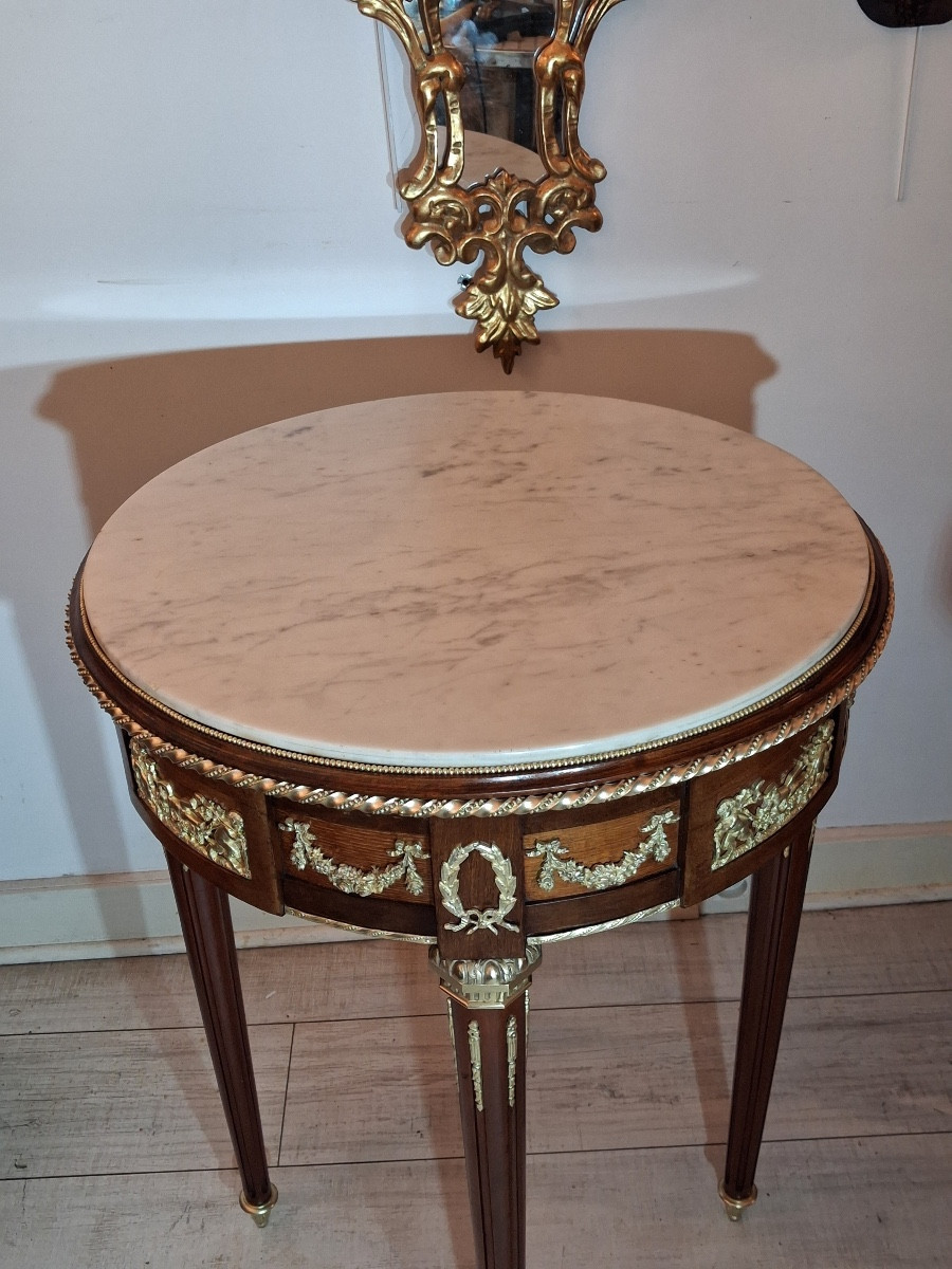 Pedestal Table In Mahogany ,white Marble Top ,and Chased Bronze Mounts Louis XVI Style ,end XIX-photo-6