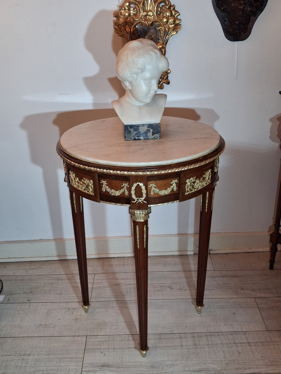Pedestal Table In Mahogany ,white Marble Top ,and Chased Bronze Mounts Louis XVI Style ,end XIX-photo-8