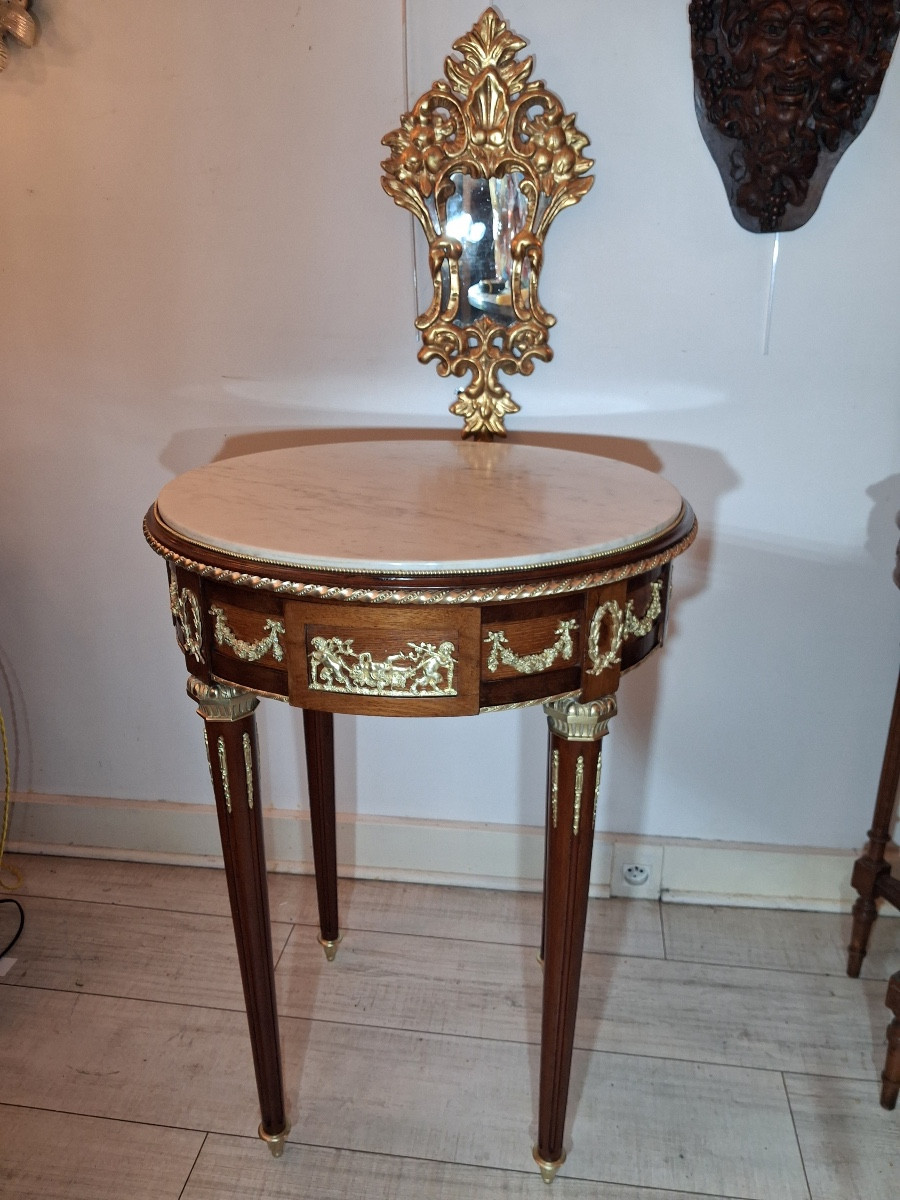 Pedestal Table In Mahogany ,white Marble Top ,and Chased Bronze Mounts Louis XVI Style ,end XIX