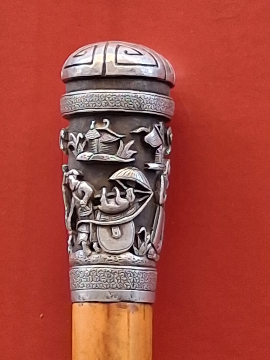  Canne à pommeau d'argent en jonc  de Malacca  XIX ème -photo-2
