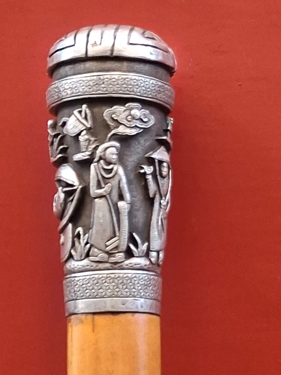  Canne à pommeau d'argent en jonc  de Malacca  XIX ème -photo-3