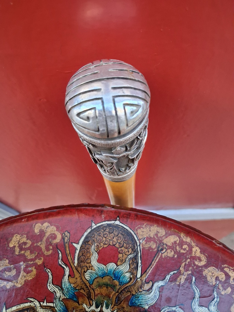  Canne à pommeau d'argent en jonc  de Malacca  XIX ème -photo-1