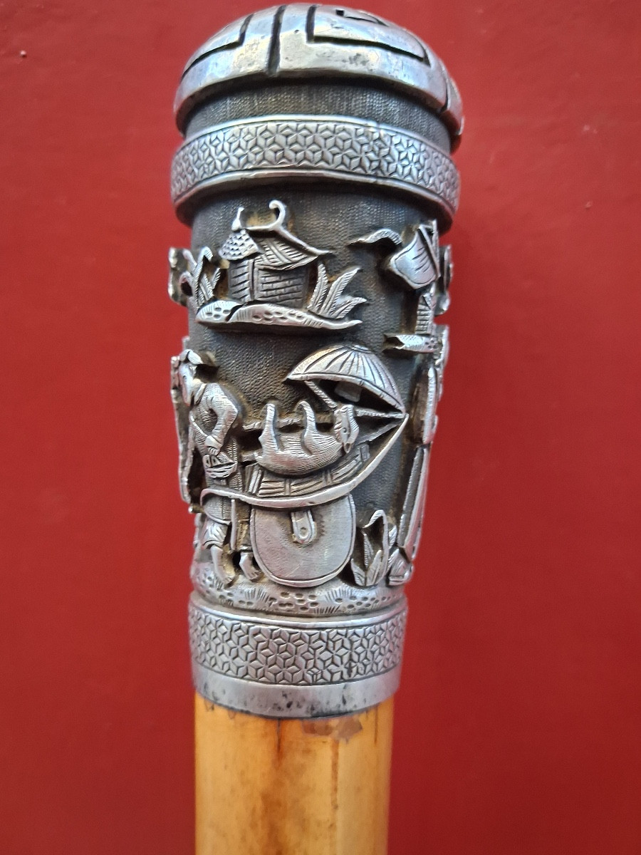 Canne à pommeau d'argent en jonc  de Malacca  XIX ème -photo-5