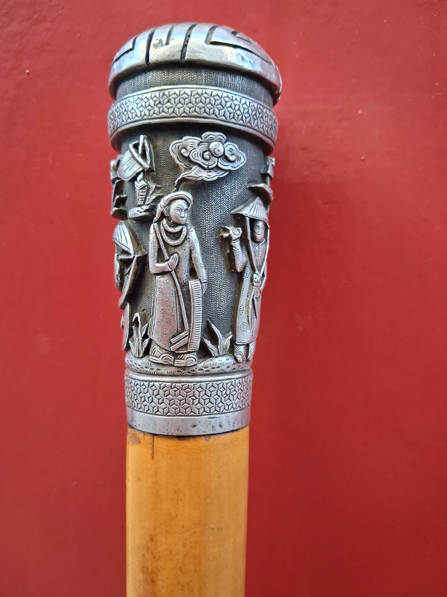  Canne à pommeau d'argent en jonc  de Malacca  XIX ème -photo-6
