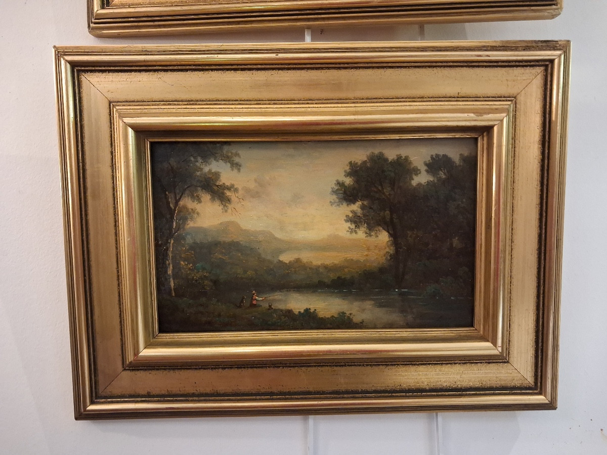 Pair Of Paintings, Oil On Panel, Landscapes By The Water, 19th Century-photo-3