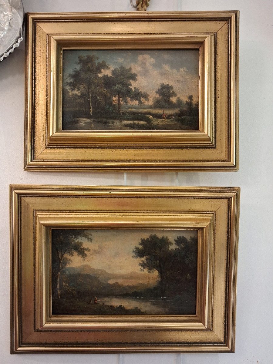 Pair Of Paintings, Oil On Panel, Landscapes By The Water, 19th Century-photo-8