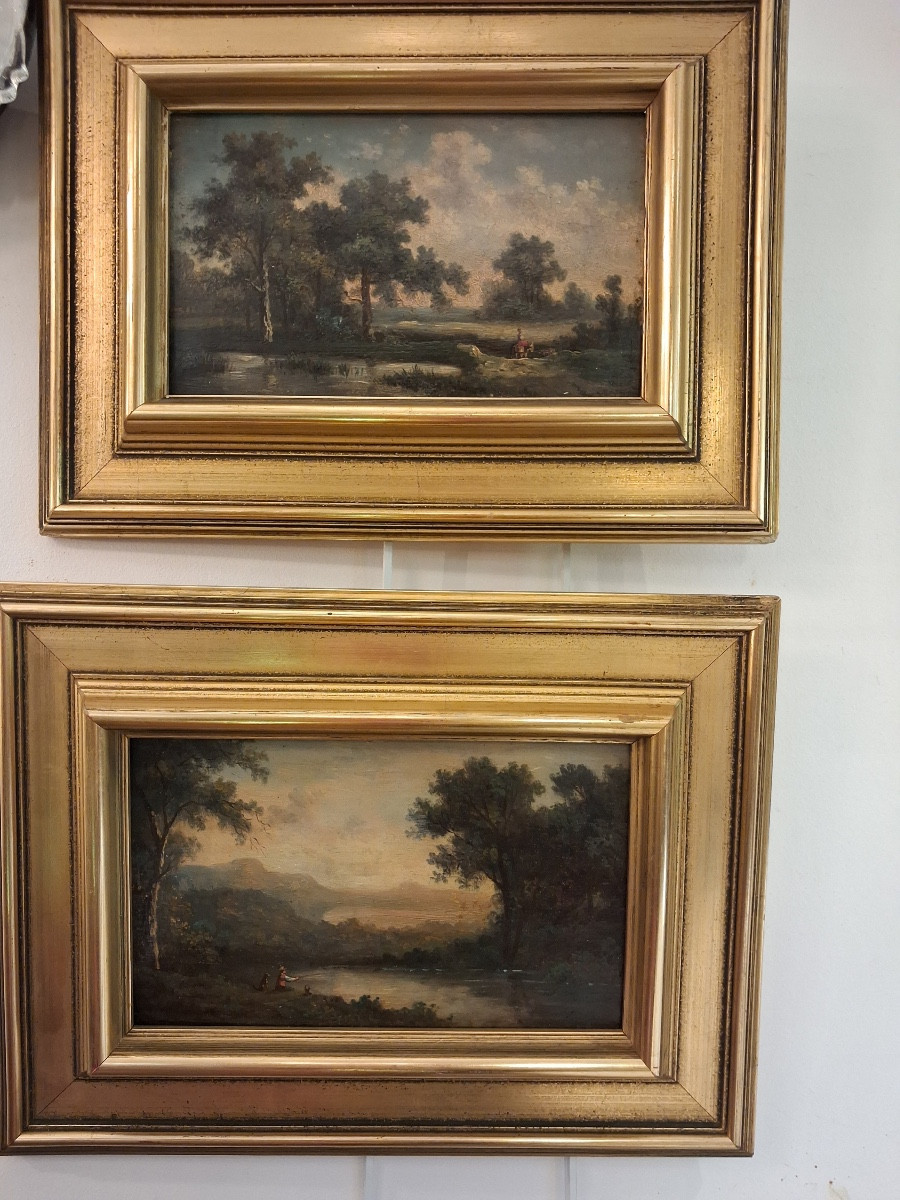 Pair Of Paintings, Oil On Panel, Landscapes By The Water, 19th Century