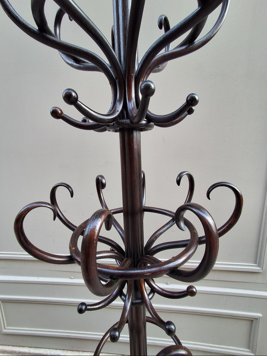 Porte manteau " Perroquet " à double plateaux ( seize patères )  signé au fer Thonet -photo-4