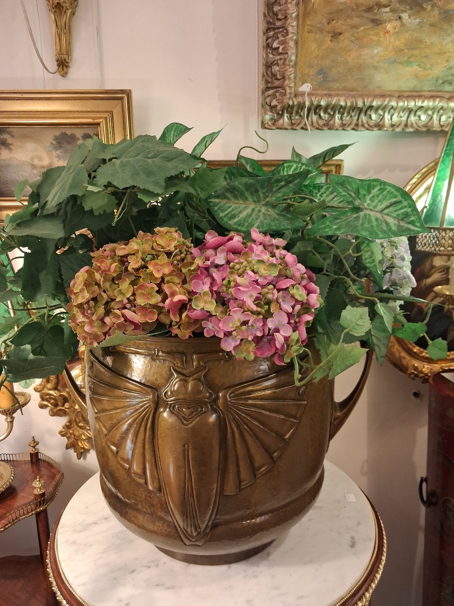 Brass Cachepot, Decorated With A Butterfly, From The Art Nouveau/jugendstil Period, (h 36 Cm)-photo-1