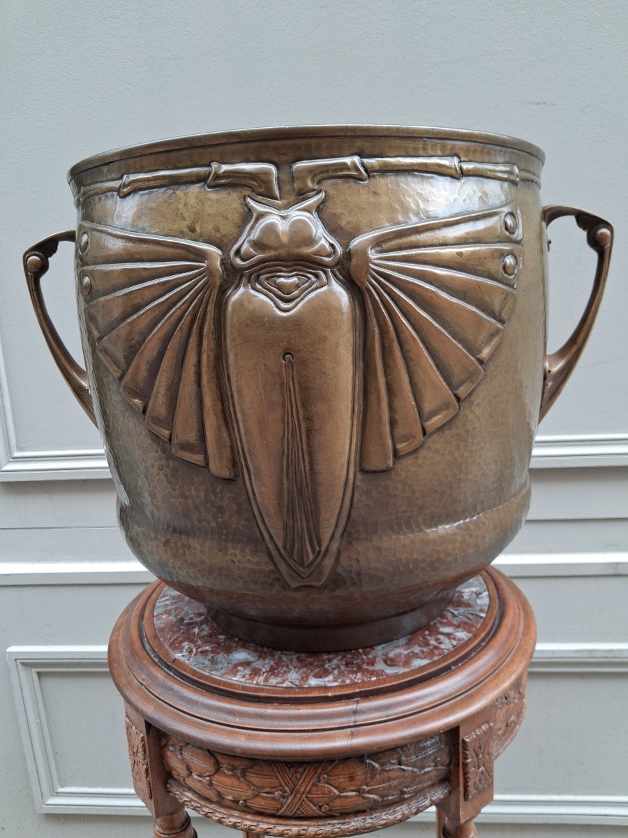 Brass Cachepot, Decorated With A Butterfly, From The Art Nouveau/jugendstil Period, (h 36 Cm)