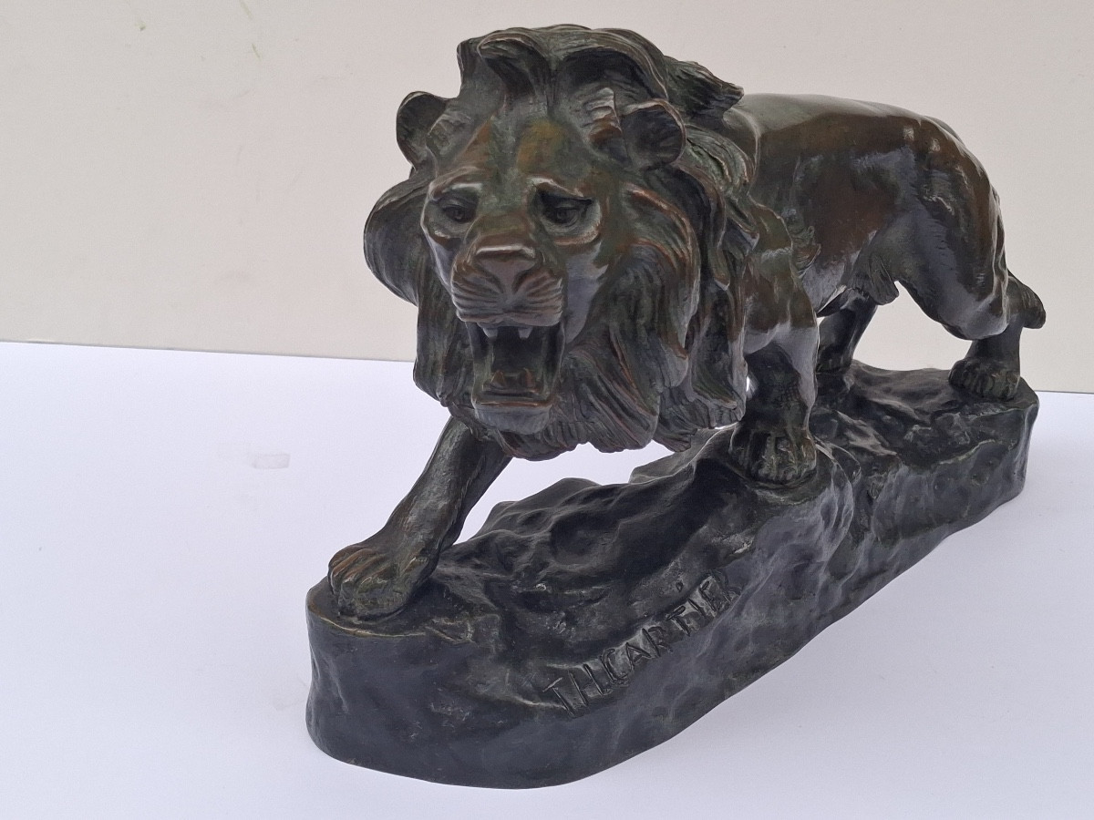 Bronze Signed By Thomas François Cartier (1879-1936) Roaring Lion -photo-3