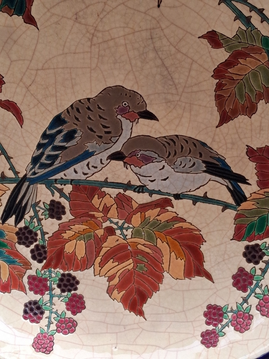 Longwy Enamels: Large Circular Shallow Dish, Decorated With Sparrows On Mulberry Branches-photo-2