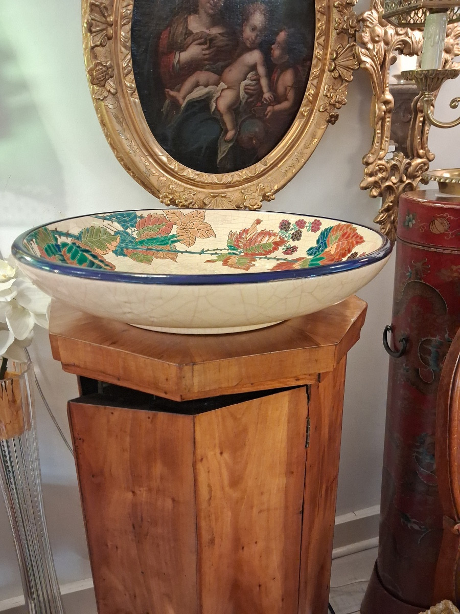 Longwy Enamels: Large Circular Shallow Dish, Decorated With Sparrows On Mulberry Branches-photo-3
