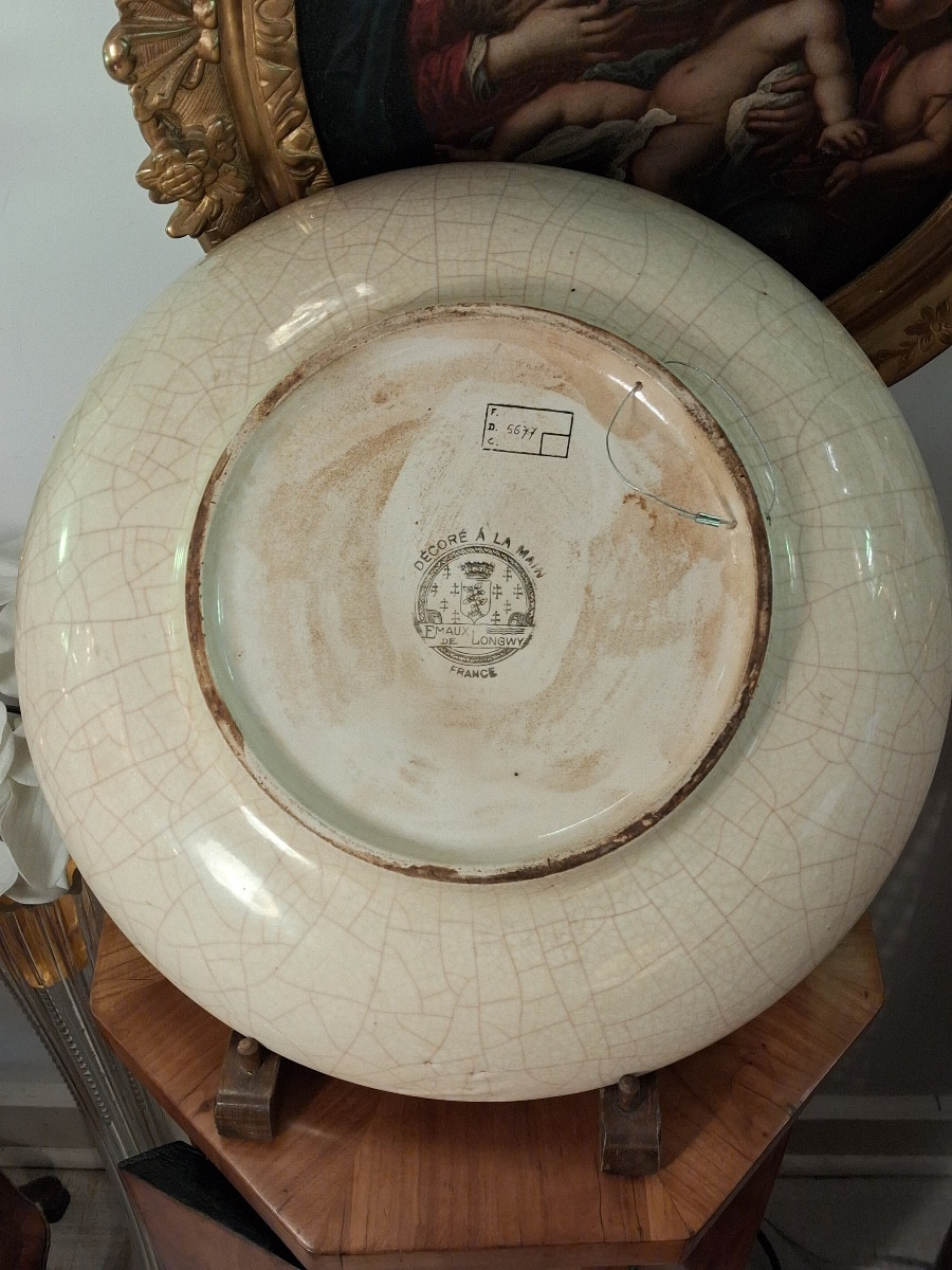 Longwy Enamels: Large Circular Shallow Dish, Decorated With Sparrows On Mulberry Branches-photo-4