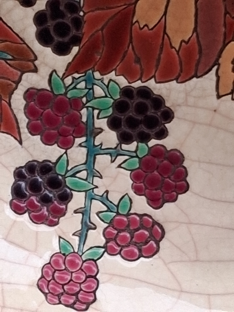 Longwy Enamels: Large Circular Shallow Dish, Decorated With Sparrows On Mulberry Branches-photo-4