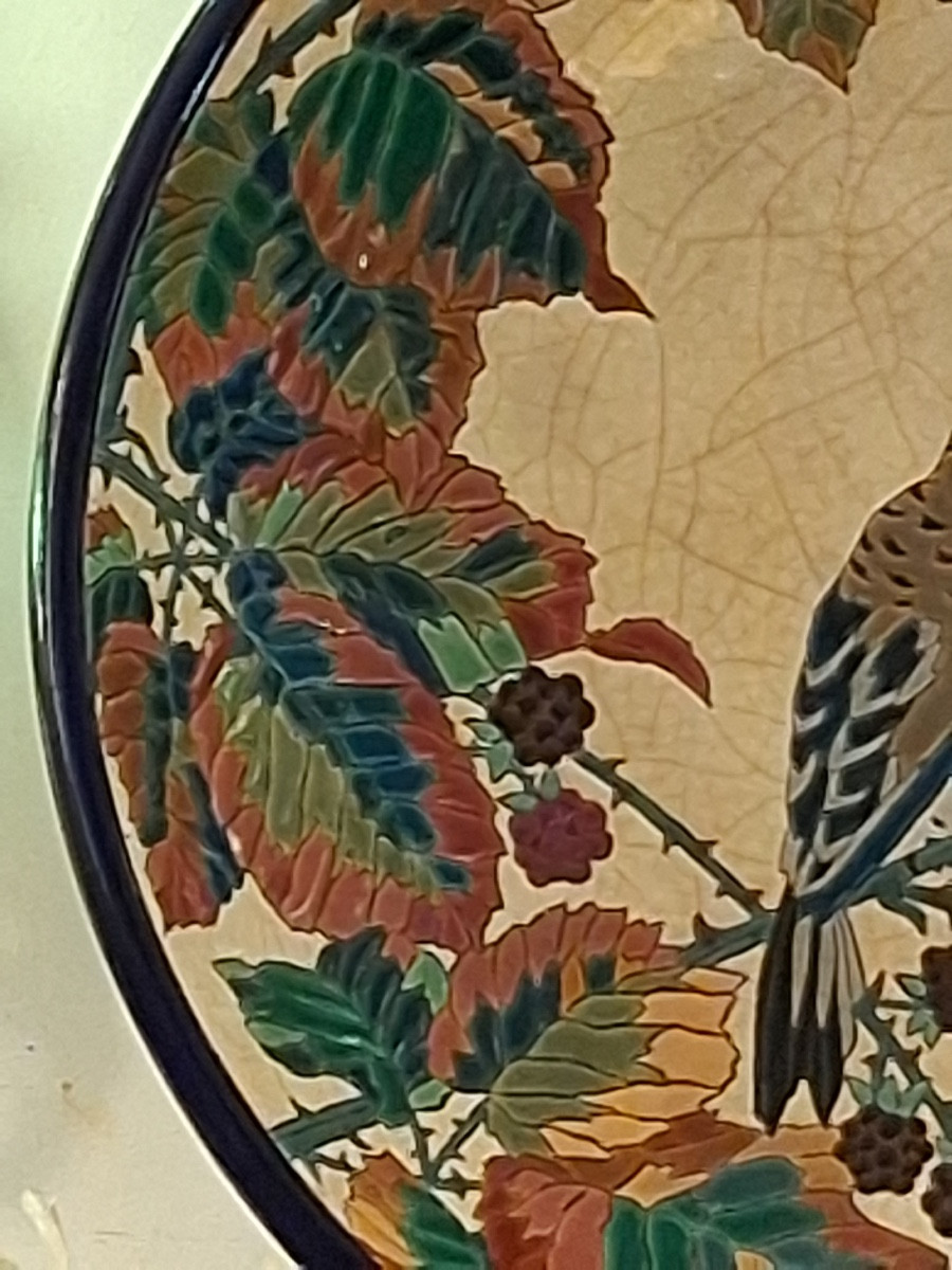 Longwy Enamels: Large Circular Shallow Dish, Decorated With Sparrows On Mulberry Branches-photo-6