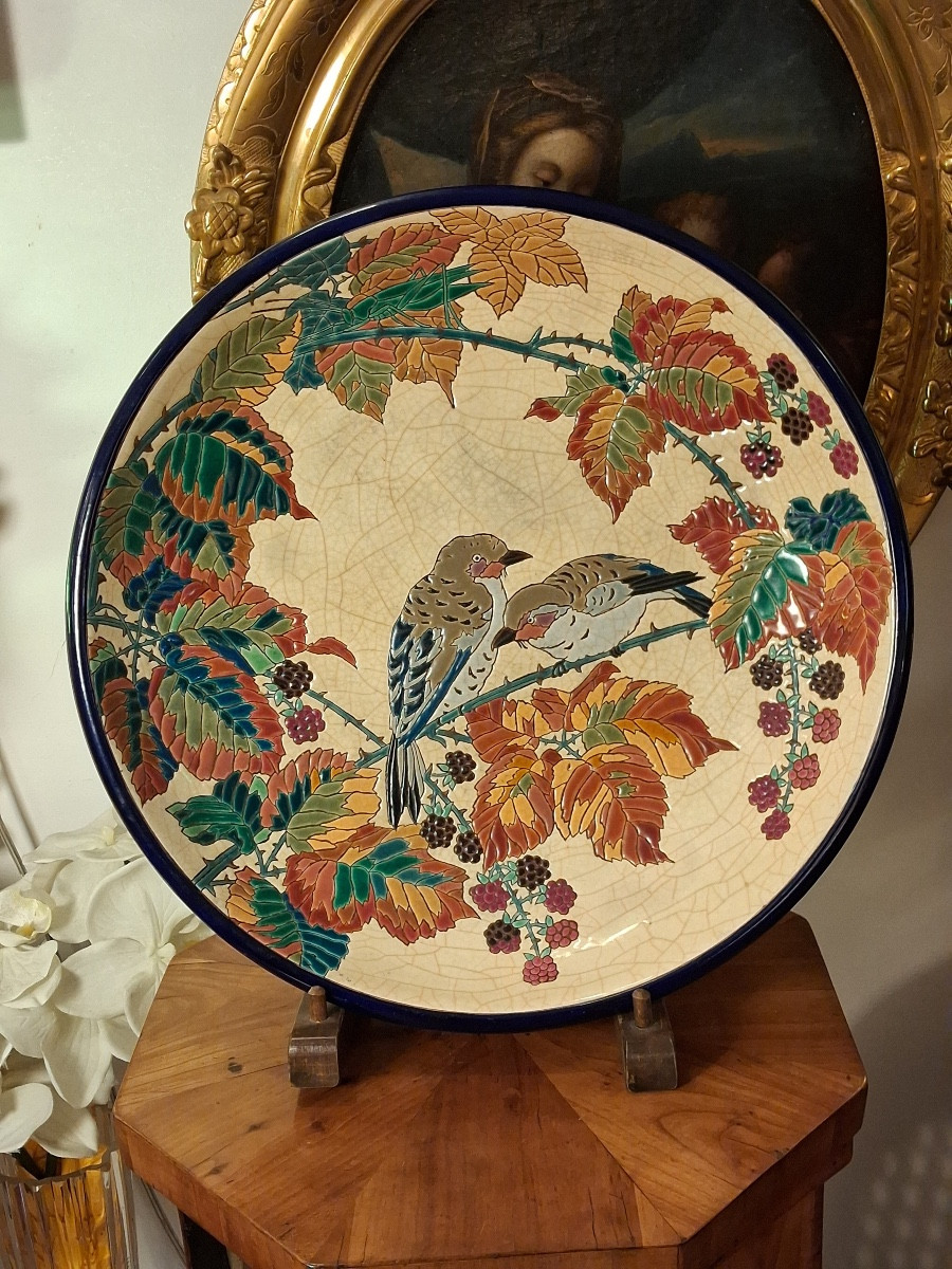 Longwy Enamels: Large Circular Shallow Dish, Decorated With Sparrows On Mulberry Branches-photo-8