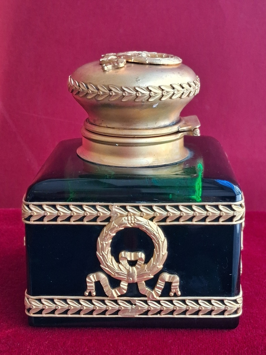 Encrier complet , en cristal vert , avec une monture en bronze doré  XIX ème -photo-3
