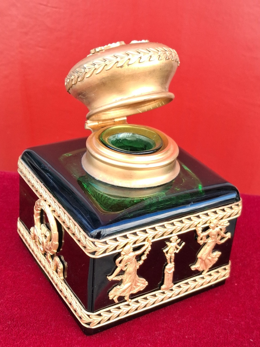 Encrier complet , en cristal vert , avec une monture en bronze doré  XIX ème -photo-4