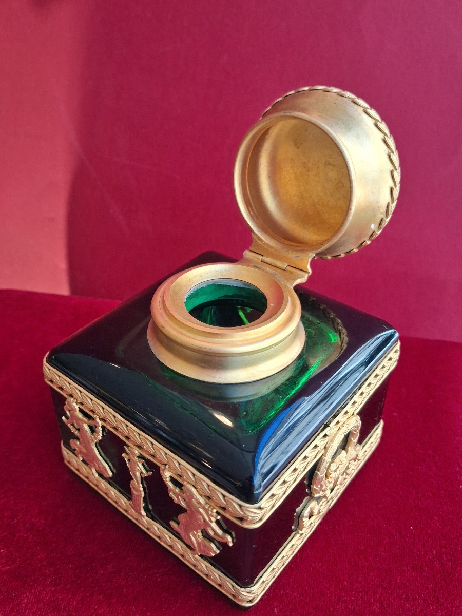 Encrier complet , en cristal vert , avec une monture en bronze doré  XIX ème -photo-5