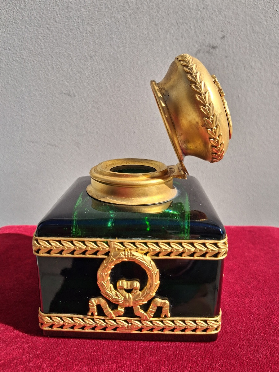 Encrier complet , en cristal vert , avec une monture en bronze doré  XIX ème -photo-7